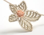 Lace necklace, rose necklace, leaf necklace, wedding bridal necklace, cream ivory lace necklace, pink rose