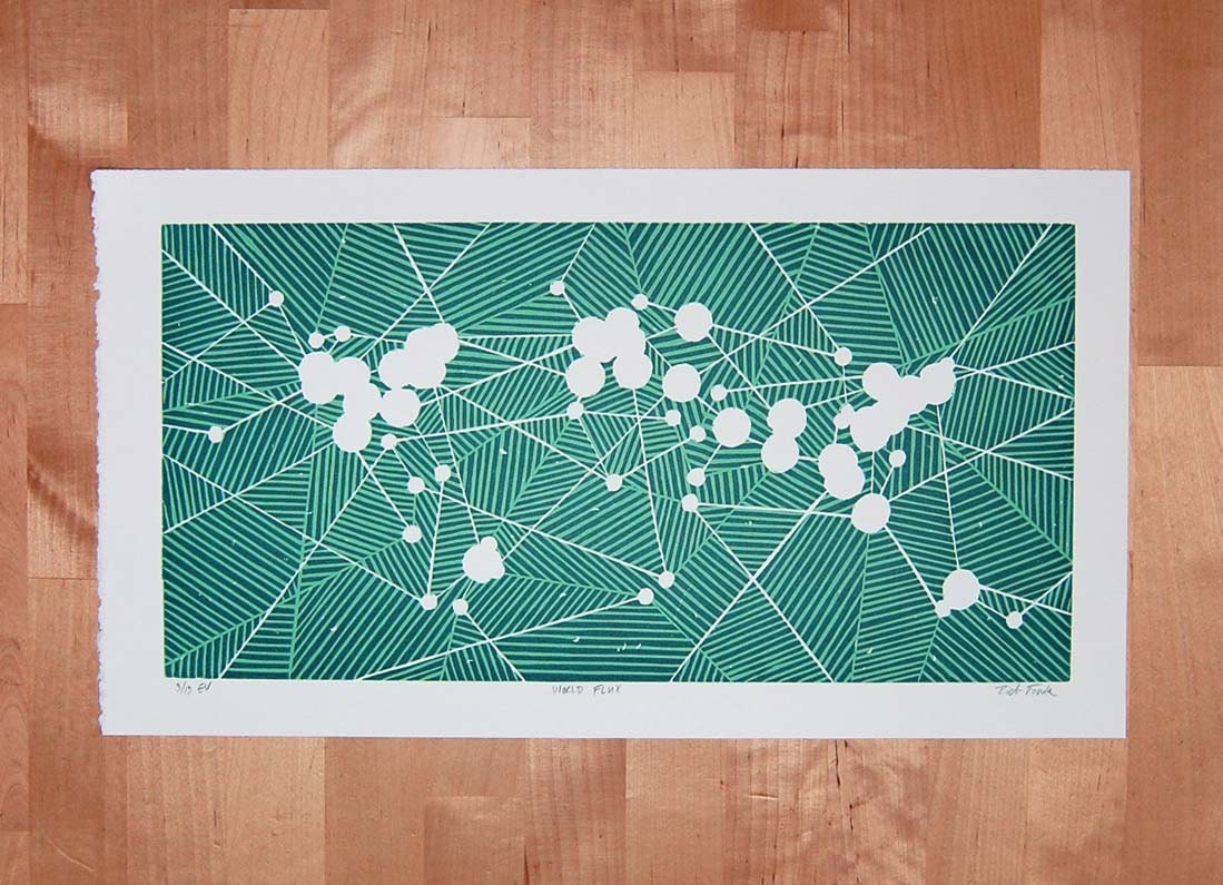 Geometric World Map - Limited Edition Linocut Print (Green)
