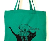 Black Cat with Atomic Ray Gun Original Design on Kelly Green Tote Bag