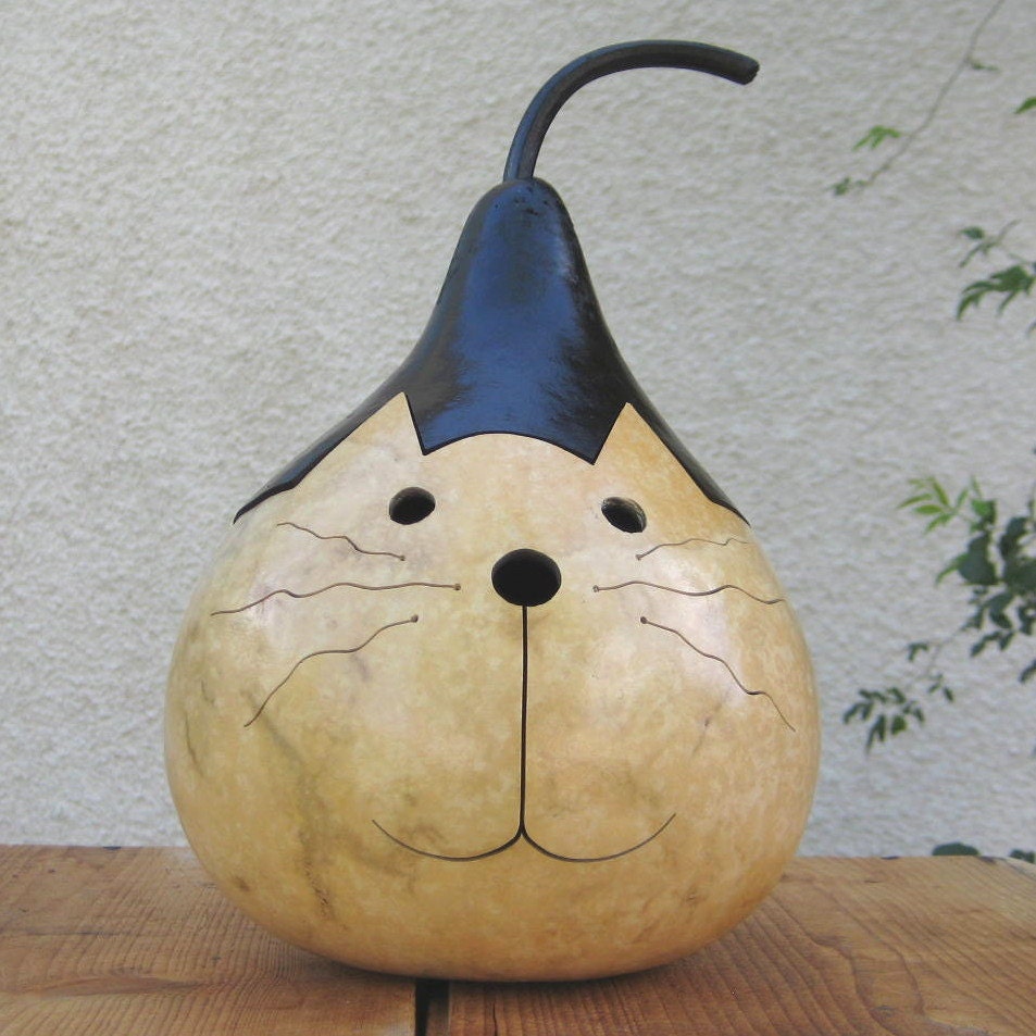 Kitty Cat Gourd Natural Centerpiece Decoration (with removable lid)