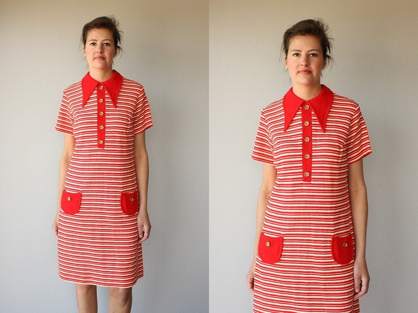 1960s dress / 60s dress / collared dress / striped dress / knit dress / 60s day dress - size medium to large