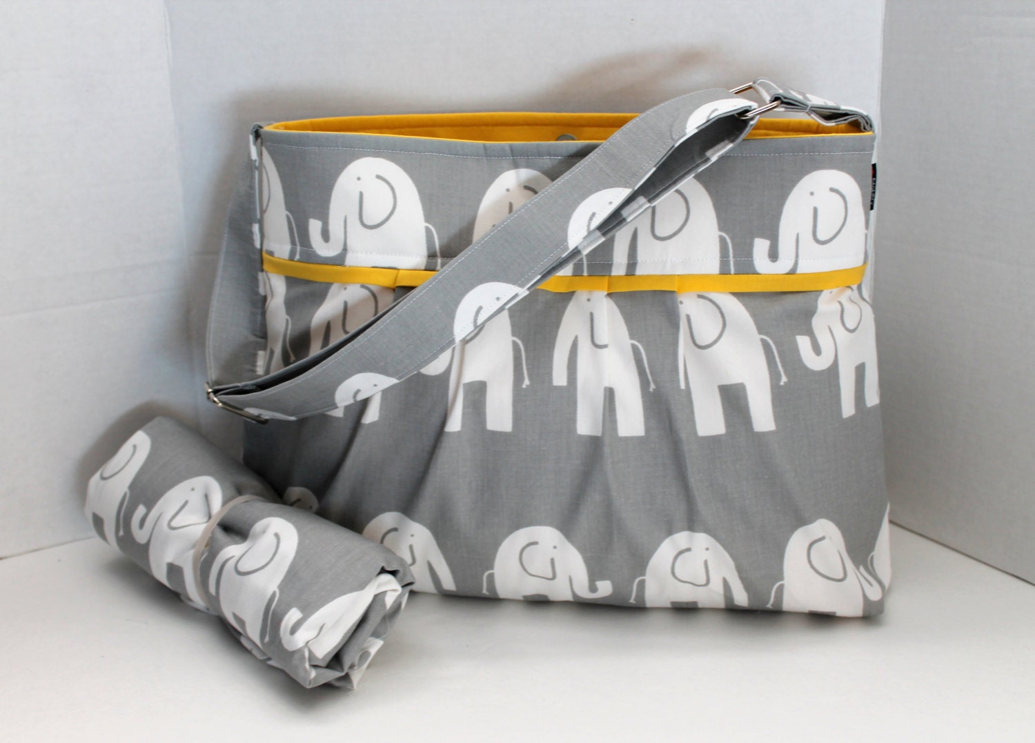 Monterey Diaper Bag Set - Medium - Grey Marching Elephants Yellow - Adjustable Strap And Elastic Pockets