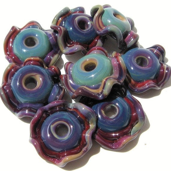 Purple Raku Lampwork Glass Beads. 2 Ruffled Beads for Earrings, Necklace, Bracelet