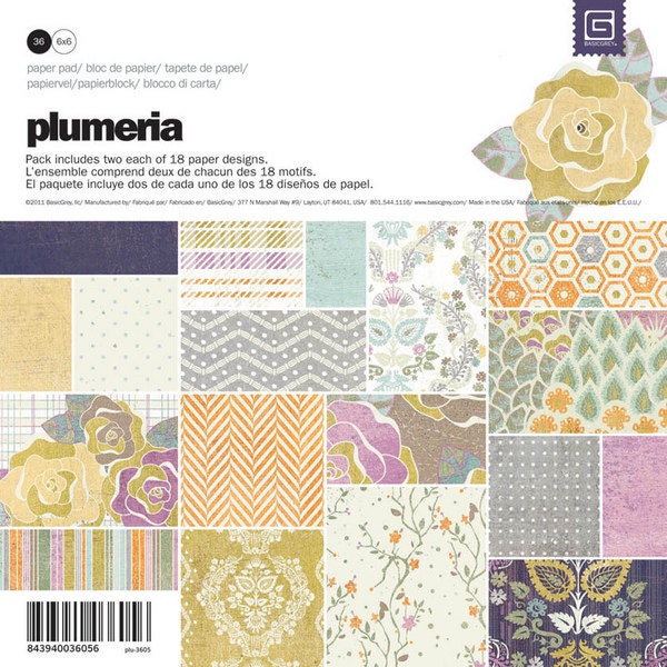 Basic Grey Plumeria 6x6 Paper Pad Pack - SALE 36 heavyweight papers pastel flowers floral stripes dots collage scrapbooking card paper