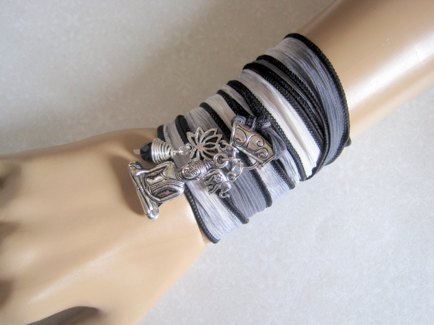 RELAXATION Charm Bracelet Necklace Anklet - Buddha Lotus Elephant Jet Wire Wrapped Crystal Silk Ribbon Yoga Wrap