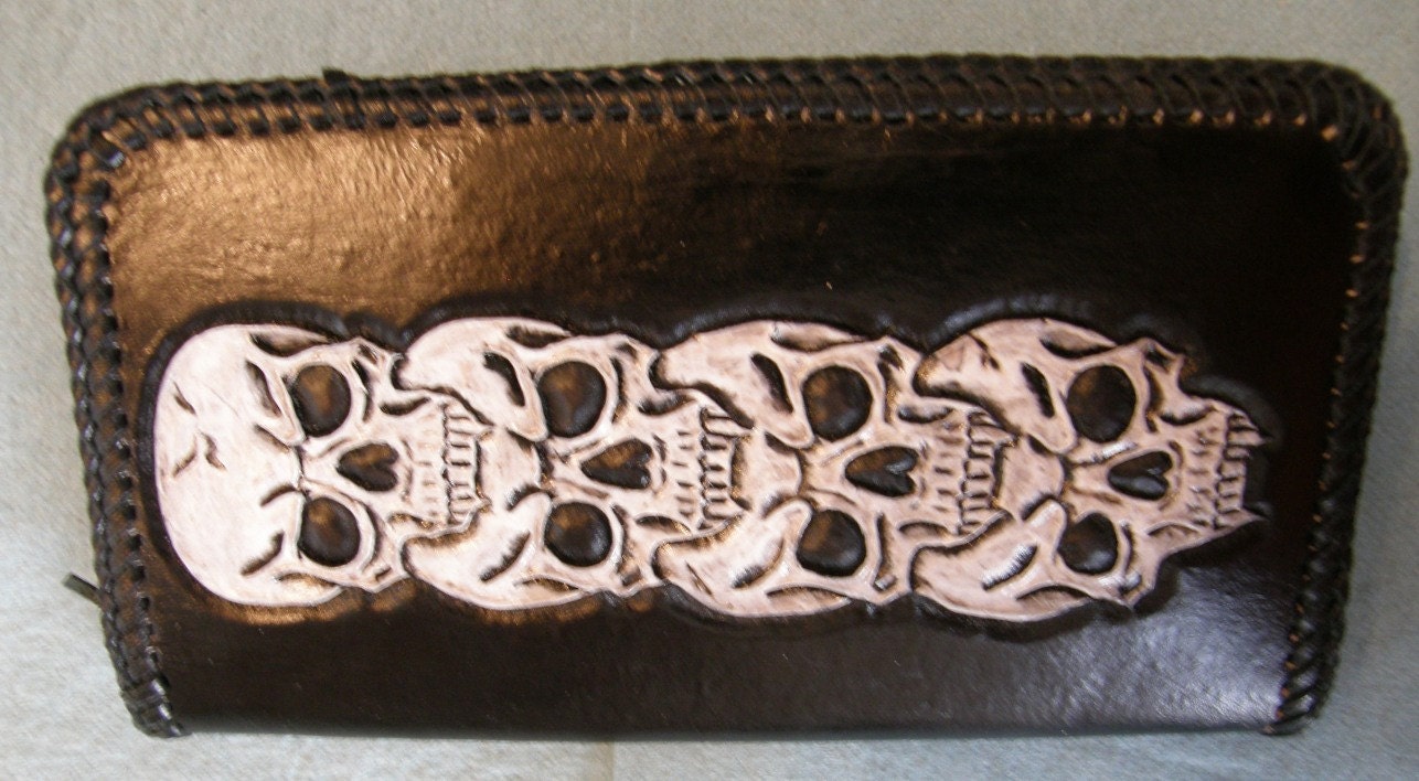 Black Leather Biker Wallet with White Skulls