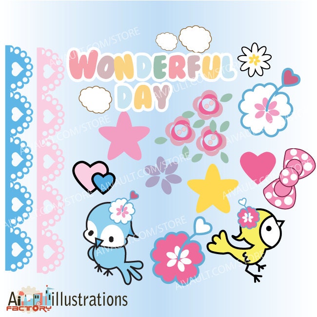 Pretty Small things cute kiwaii flowers , hearts , laces and birds pink , yellow blue and white clipart set of 15 illustrations