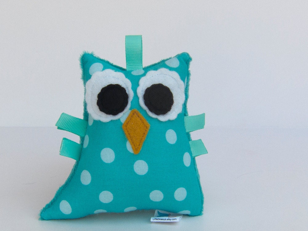 Owl Plush Rattle Baby Toy Small Stuffed Owl Minky Plush Aqua Teal