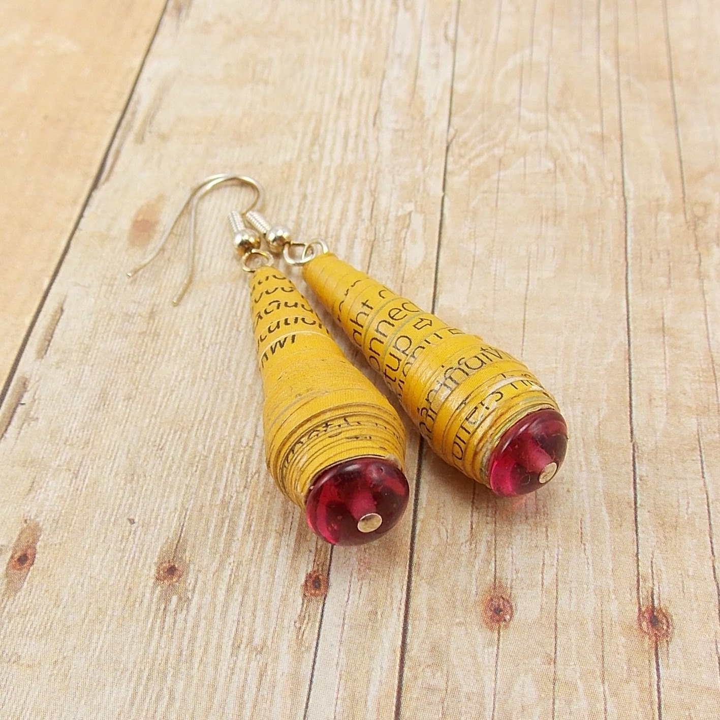 Paper Bead Earrings - Rwandan Paper Beads - Long Yellow & Cranberry with Silver