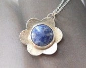 Sodalite silver flower pendant, handmade metalwork necklace, natural jewelry