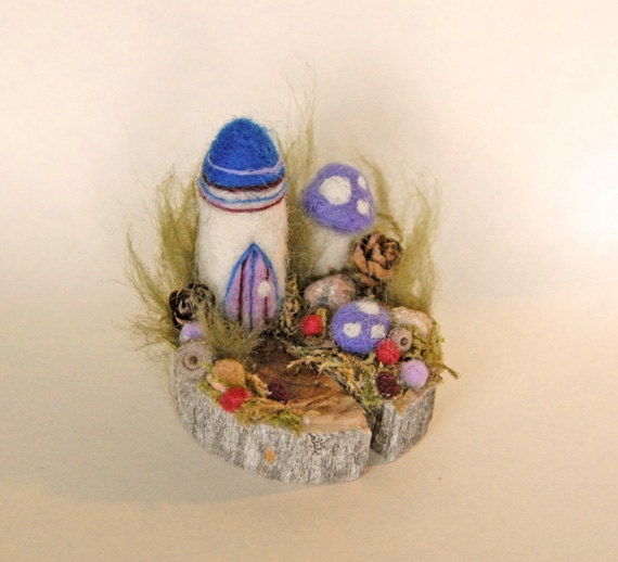 Fairy House and Garden, Needle Felted, Purple Mushrooms
