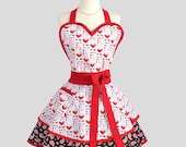 Sexy Retro Pinup Apron . Flirty and Cute Retro Apron Red Pink Chocolate Hearts Sweetheart Apron and Vintage Style Full Skirt