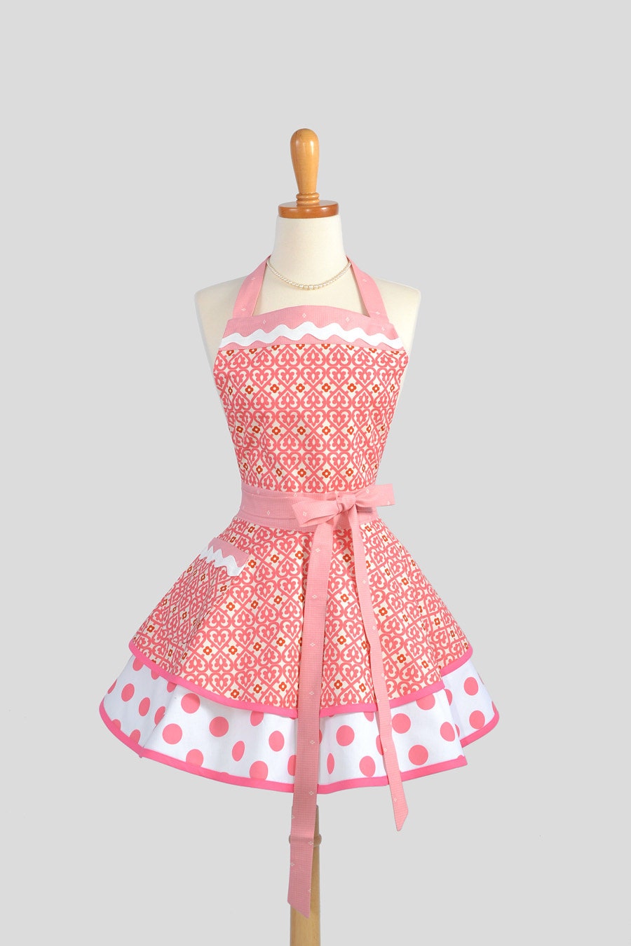 Ruffled Retro Apron - Sexy Womens Apron in Bubblegum Pink Love Hearts with Polka Dots Handmade Full Kitchen Apron