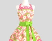 Ruffled Retro Apron . Flirty Full Womens Handmade Apron in Pink Dots and Daisies Lime Green  Cute Ruffled Vintage Style Skirt
