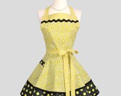 Ruffled Retro Apron - Sexy Womens Apron in Michael Miller Citron Daisies and Polka Dots Handmade Full Kitchen Apron