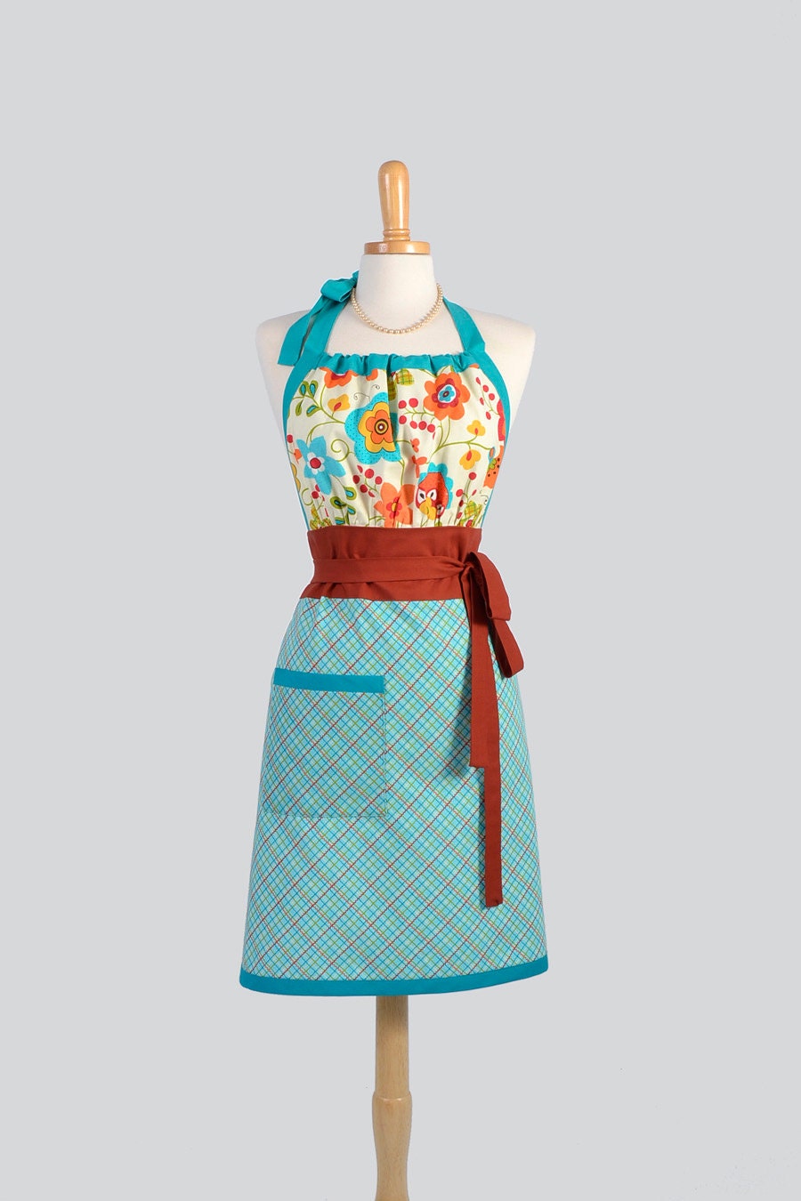 Cute Kitsch Retro Apron / Womens Handmade Full Retro Apron in Teal Plaid with Coordinating Floral Print Super Cute Apron