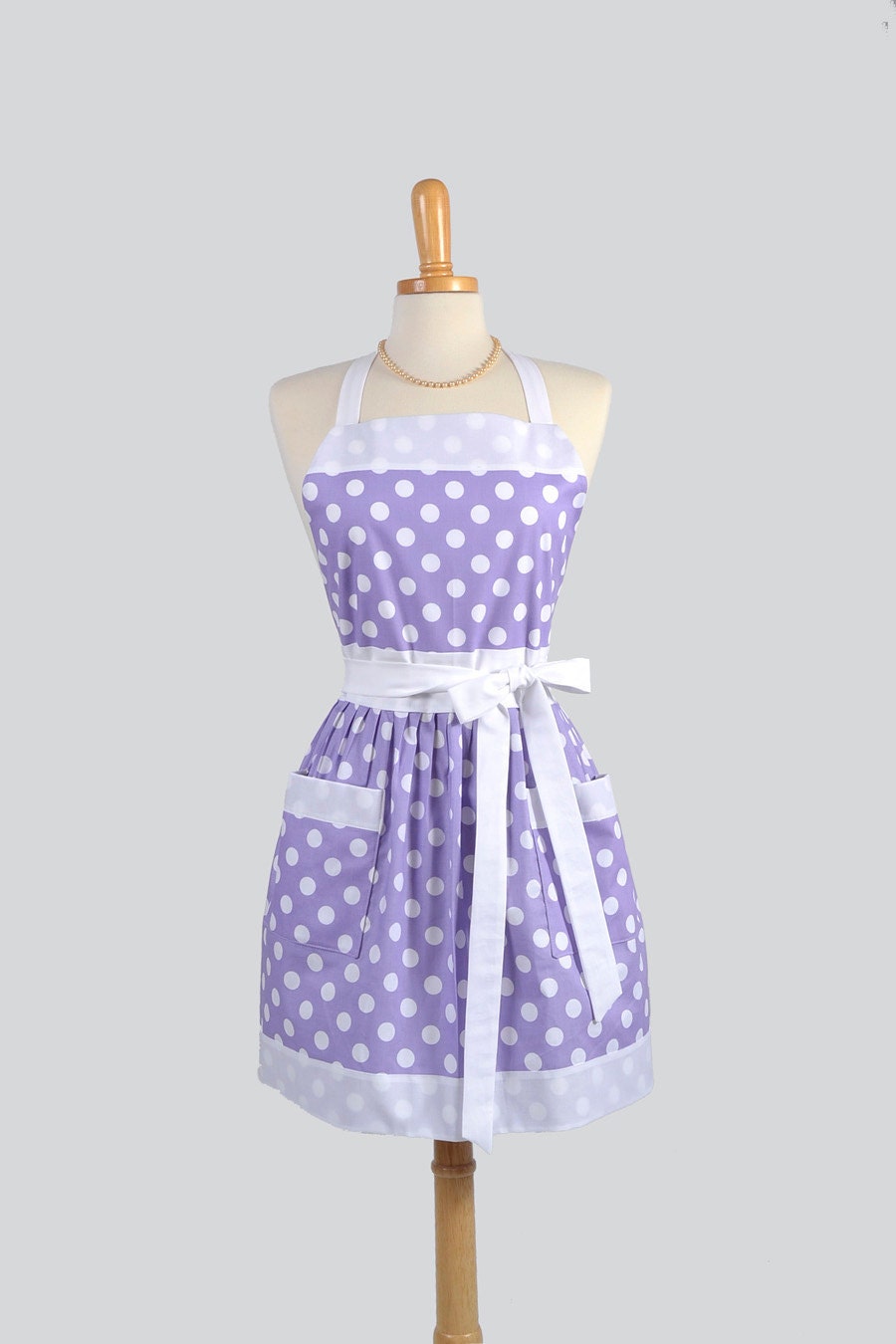 Womens Bib Full Apron , Full Handmade Kitchen Apron in Lavender Purple and White Polka Dot Perfect for Personalization or Monogram