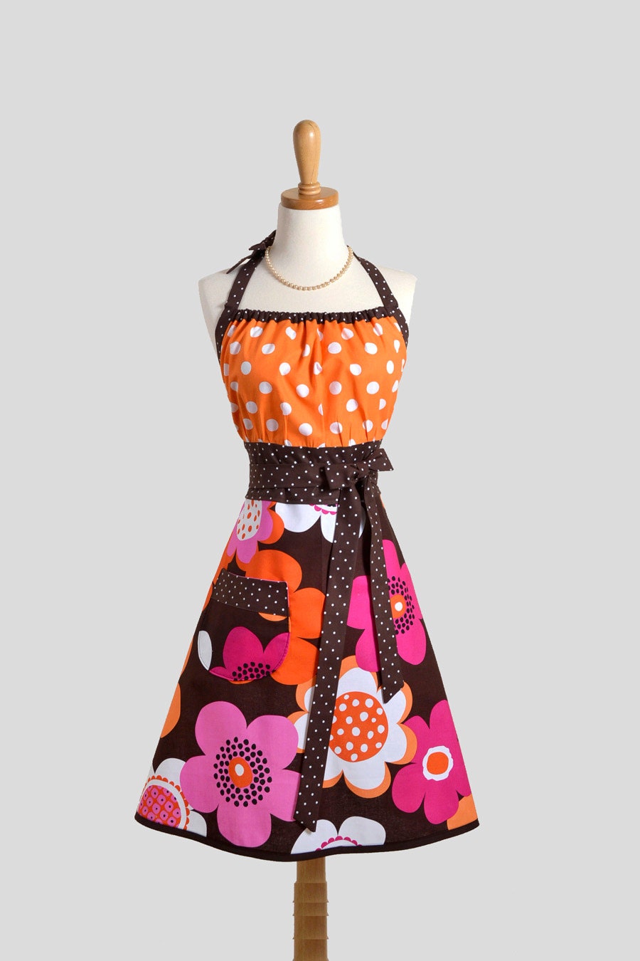 Cute Kitsch Retro Apron - Womens Chef Apron in Michael Miller Woodland Delight Orange Brown and Hot Pink Floral with Large Polka Dots