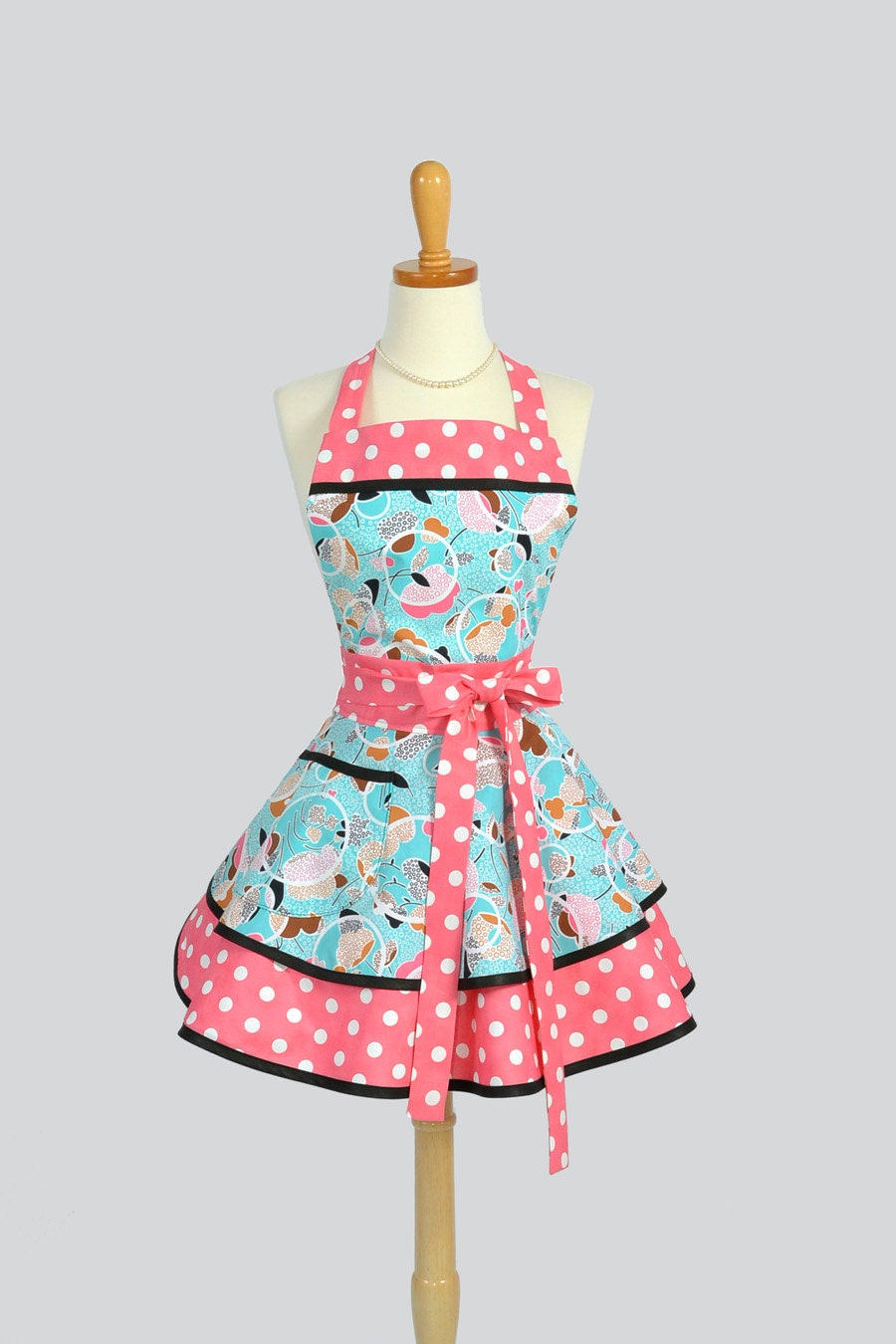 Ruffled Retro Apron .  Sexy Womens Apron in Pink and White Dots and Circles On Blue Handmade Full Kitchen Apron
