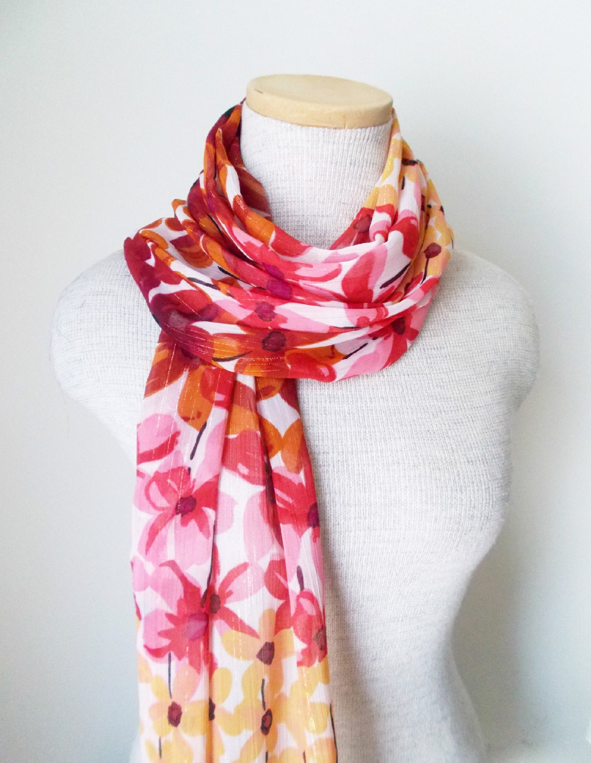 Floral Print Scarf - Red - Pink - Burnt Orange - Buttercup Yellow Stem Flowers