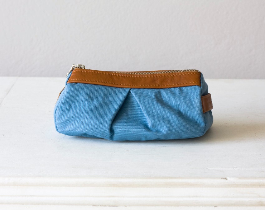 Cotton makeup bag , cosmetic case in light Blue and Brown leather