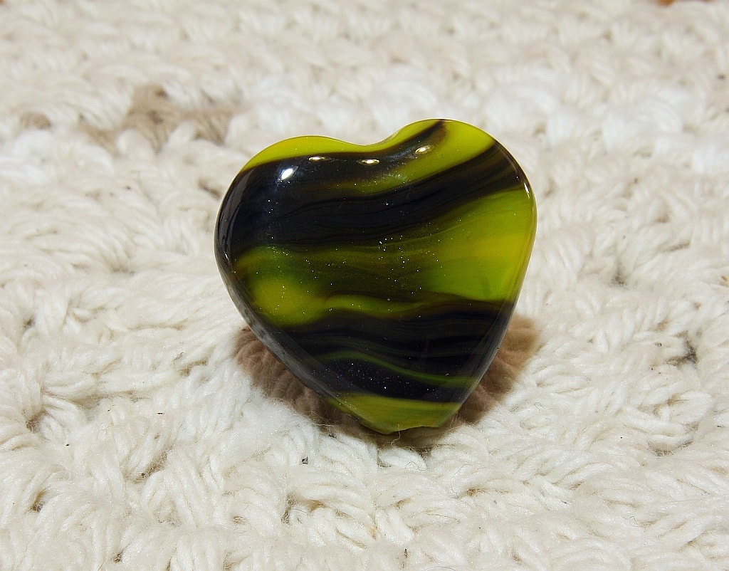 Handmade Lampwork Heart Focal Bead yellow black green BUMBLEBEE SHIMMER