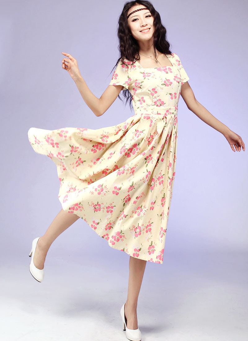 Floral print midi linen dress (568)
