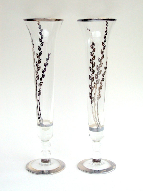 Vintage Flutes with Sterling Silver Overlay Pussy willow Design, cr. 1950s,  Wedding, anniversary,      I Take CREDIT CARDS - widgetsandwhatsus