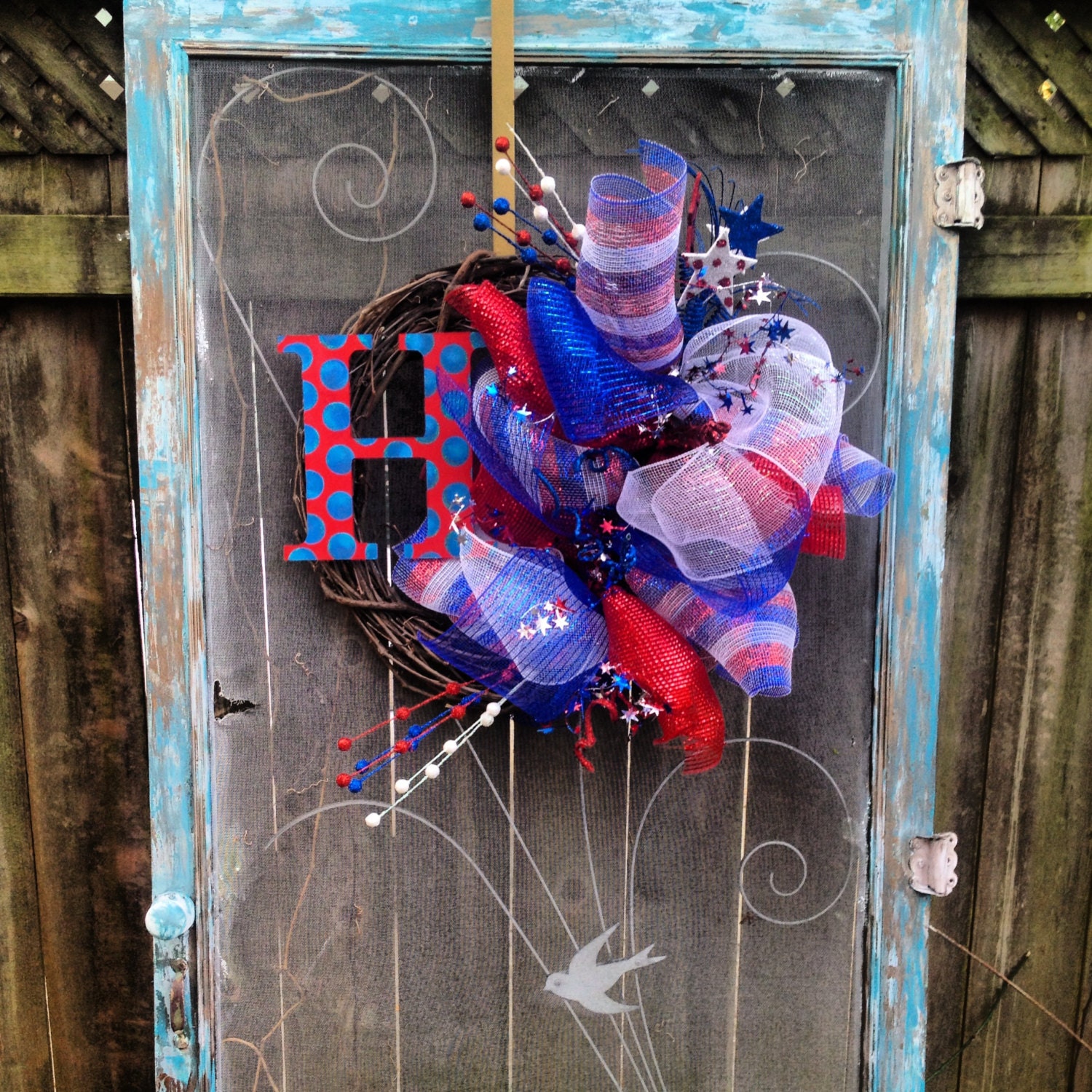Patriotic Forth of July Memorial Day deco mesh monogram wreath 