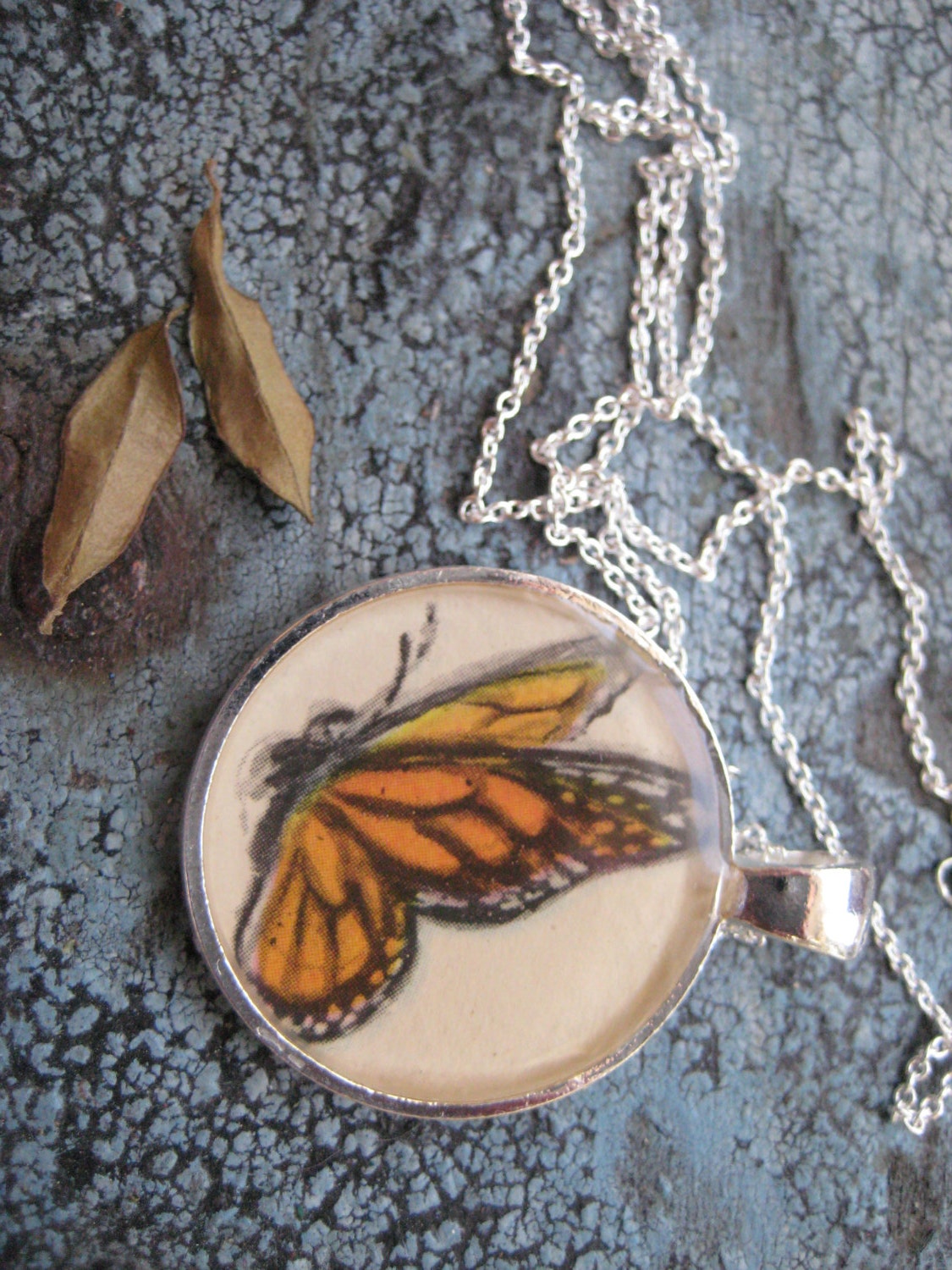 Colorful Monarch Vintage Butterfly Illustration Pendant with Sterling Silver Chain