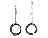 Long Wrap earrings - Black leather silk and brass