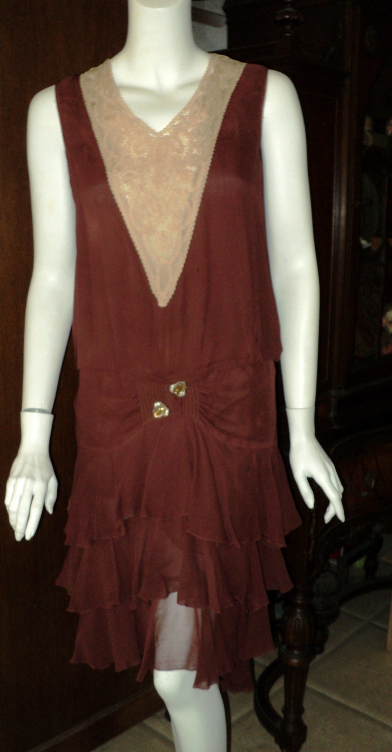 1920s Silk Chiffon Day Dress with Lace Bodice Flapper Fishtail Ruffled with Art Deco Amber Dressclip