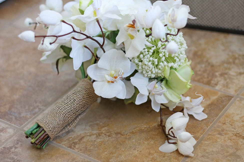 White Orchid and Burlap Garden Rustic Wedding Bouquet