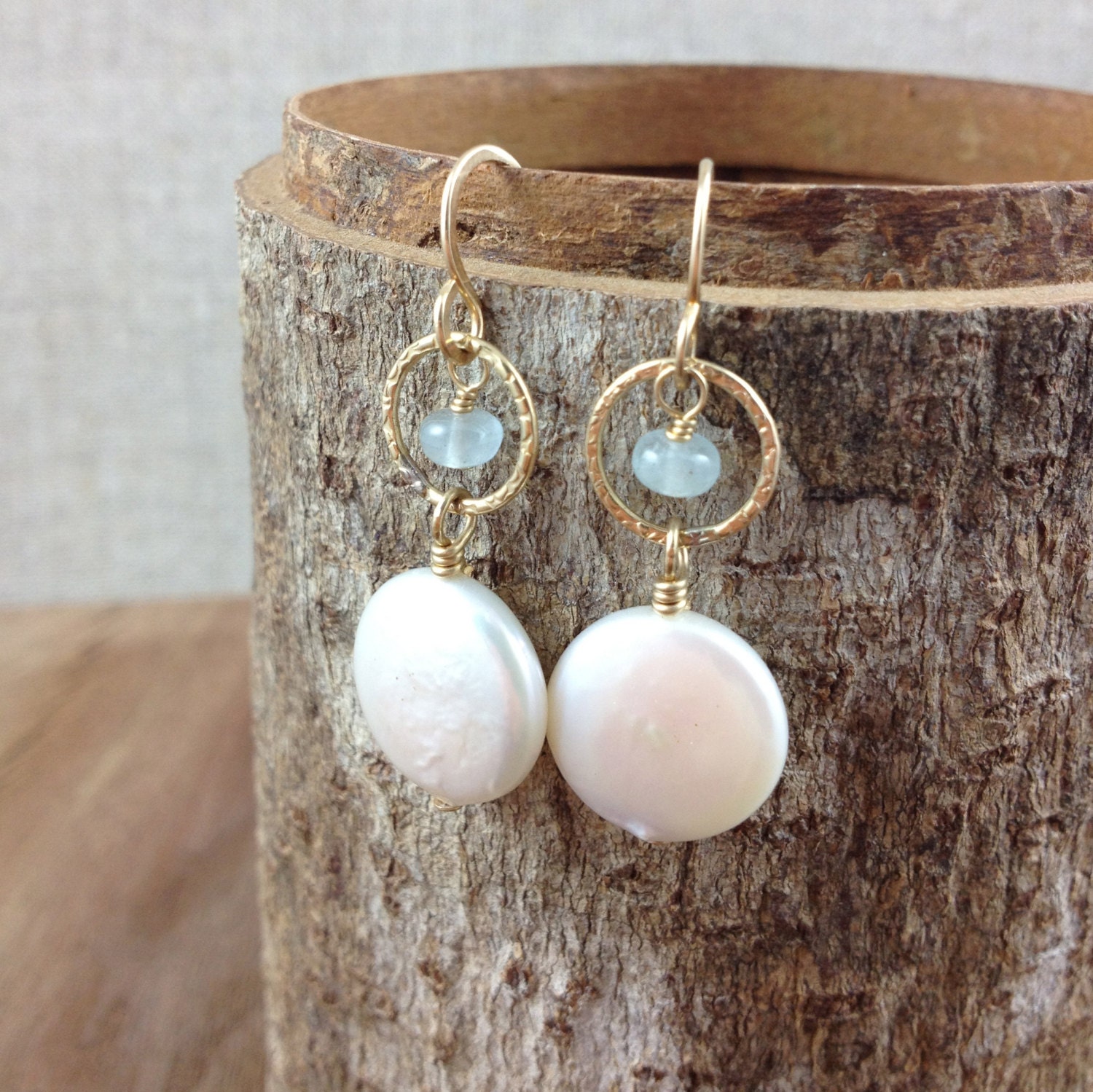 coin pearl earrings with aquamarines