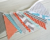 Bunting Photo Prop Fabric Flags  - Gray, Orange and Aqua Blue Chevron - Ready to Ship