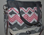 Slouch day Bag in Bright Pink and Grey Zig Zag Chevron Stripes / cross body messenger  / womens purse / or diaper bag  / by Darby Mack