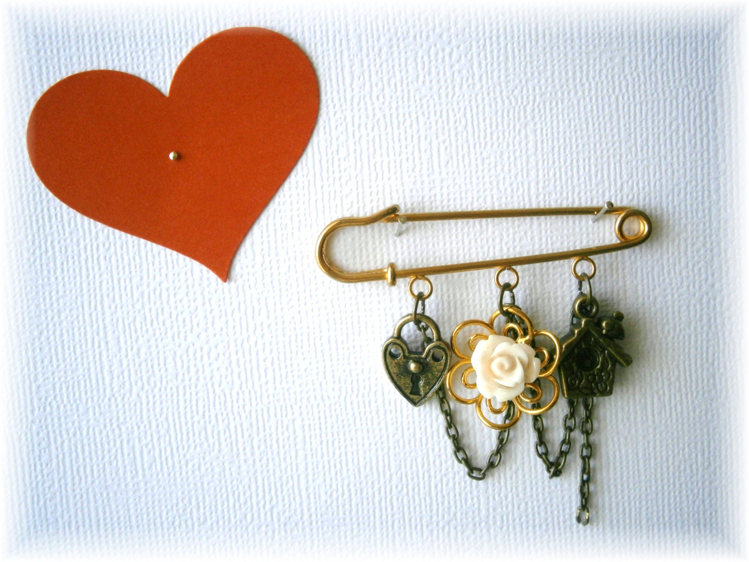 Kilt Pin Brooch, Birdhouse in Your Soul : Version 1, Cream Rose, Bird ,Birdhouse, Padlock ,Scarf Pin,OOAK, made with love by maddabling