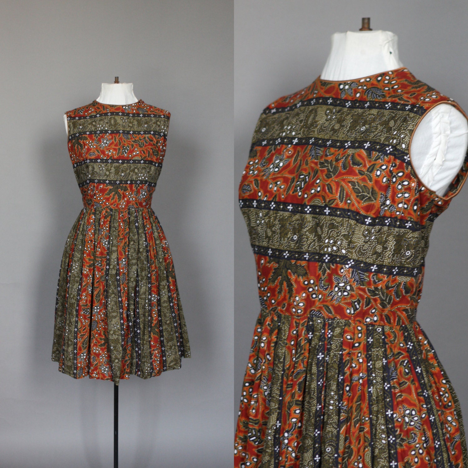 Vintage Summer Dress 50s 60s Sleeveless Sun Dress 1950s 1960s Floral and Leaf Print Orange Green and Black Full Skirt Large