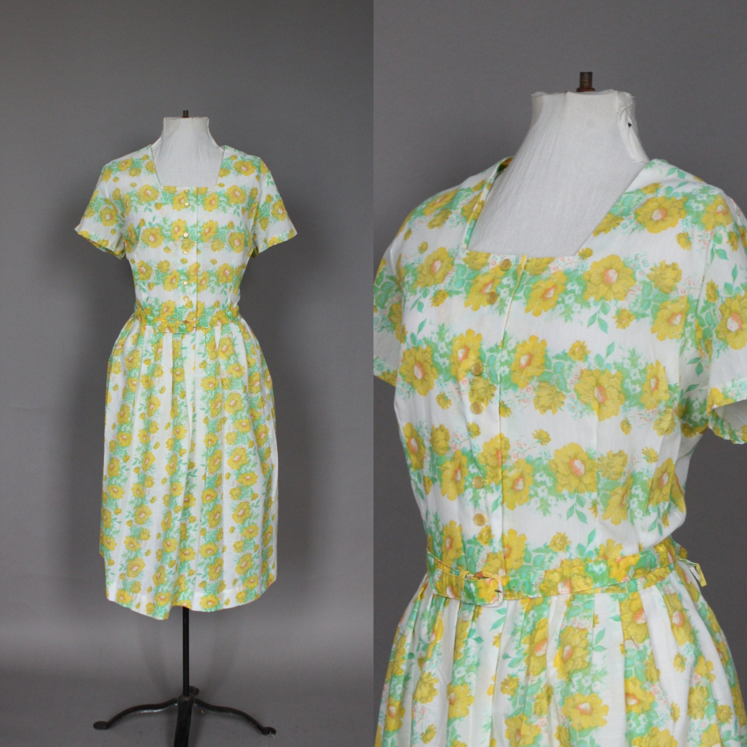 Vintage Dress 50s 60s Floral Day Dress Summer Dress White and Yellow 1950s 1960s XL XXL Plus Size Mad Men