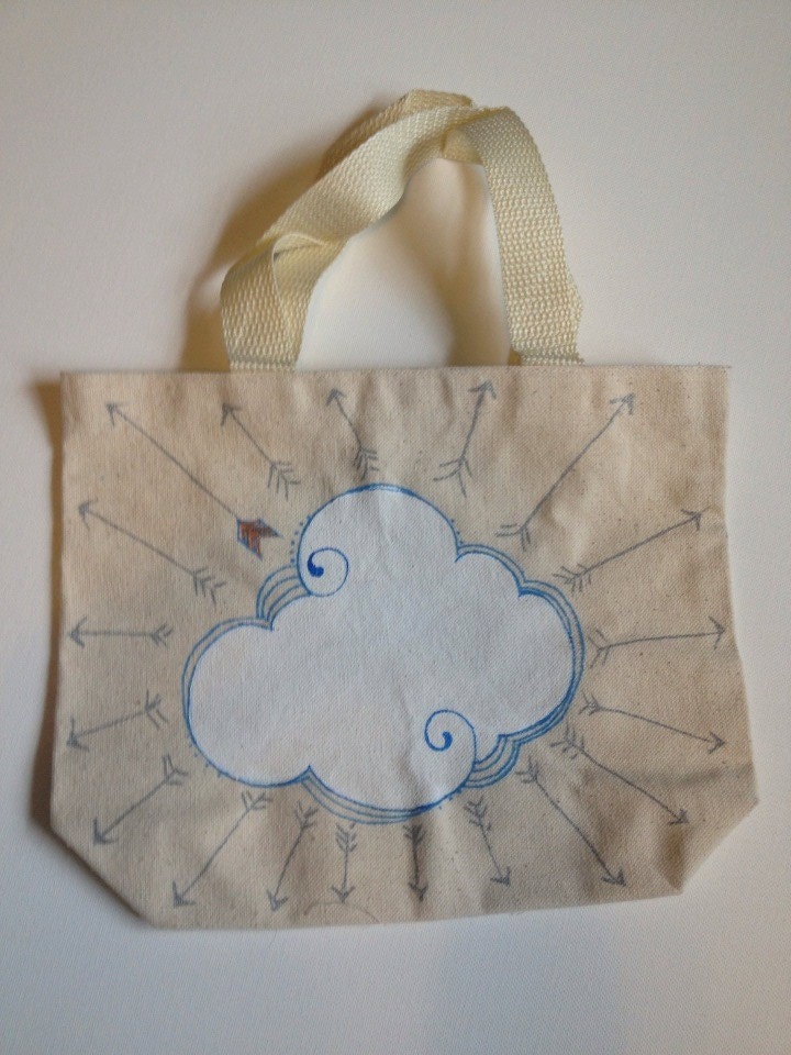 clouds and doodles- customize the words-hand drawn canvas bag-one of a kind original art-ready to ship