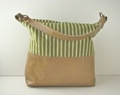Zippered Shoulder Bag in Green Striped Canvas with Distressed Tan Cowhide Leather - ready to ship