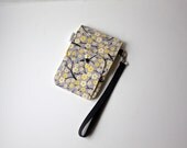 Smart Phone Wristlet, Smart Phone wallet in Yellow Cherry Blossoms on Grey - ready to ship