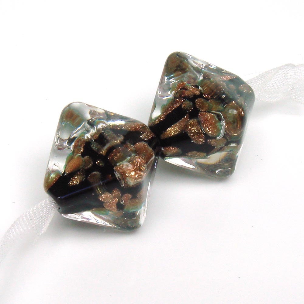 Lampwork beads  -  Gold Sparkle on Black Crystals  -  crystal shaped earring pair, glass beads, goldstone
