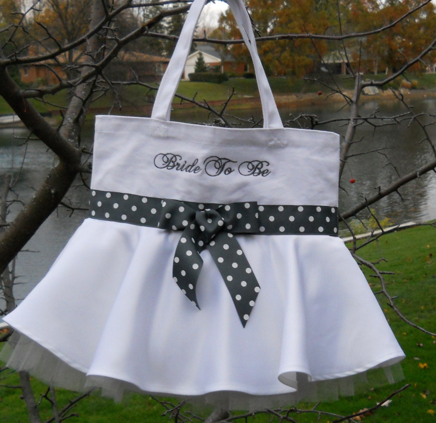 Embroidered Bridal Bag - White Tote Bag with Gray Polka Dot ribbon (Or color of your Choice) Skirted Tutu Tote Bag - STB183 - EST
