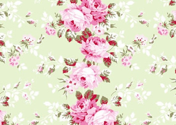 Rachel Ashwell Shabby Chic Fabric yard Rose Trellis on SAGE Poplin Cabbage Roses Raspberry