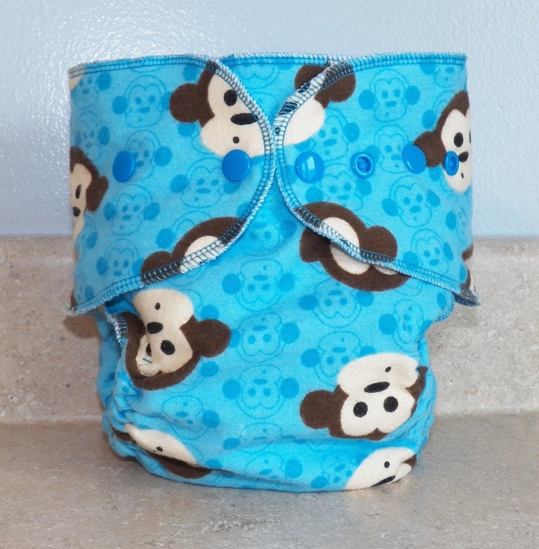 Fitted Large Cloth Diaper- 20 to 30 pounds- Blue Monkeys