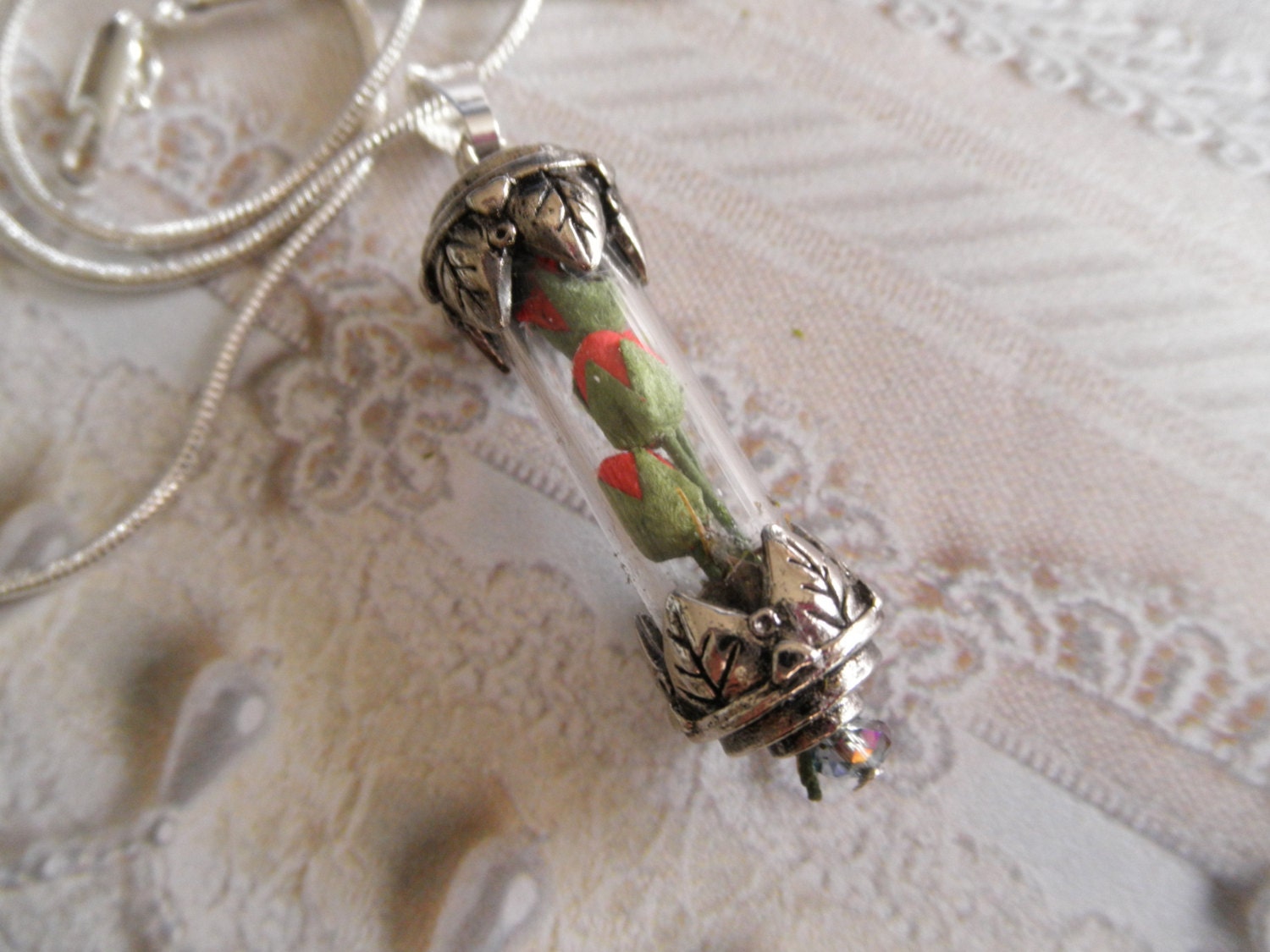 Three Victorian Handmade Miniature Mulberry Paper Red Rosebuds Reliquary Pendant with Reindeer Moss-Symbolizes True Love