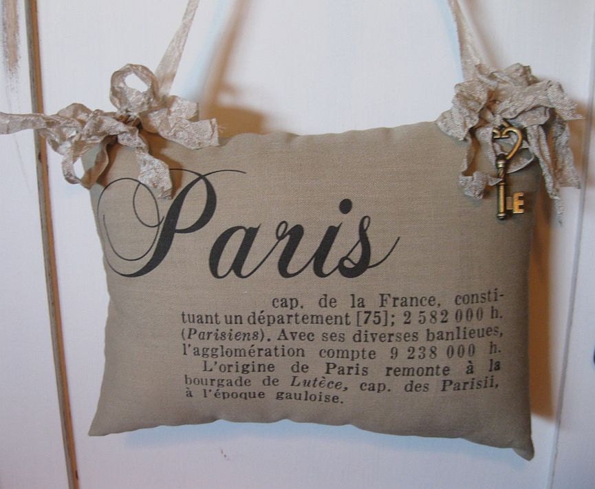 Tan, Paris Graphic Pillow, Hanging Pillow,French Country, Romantic, Cottage Chic, Ribbon
