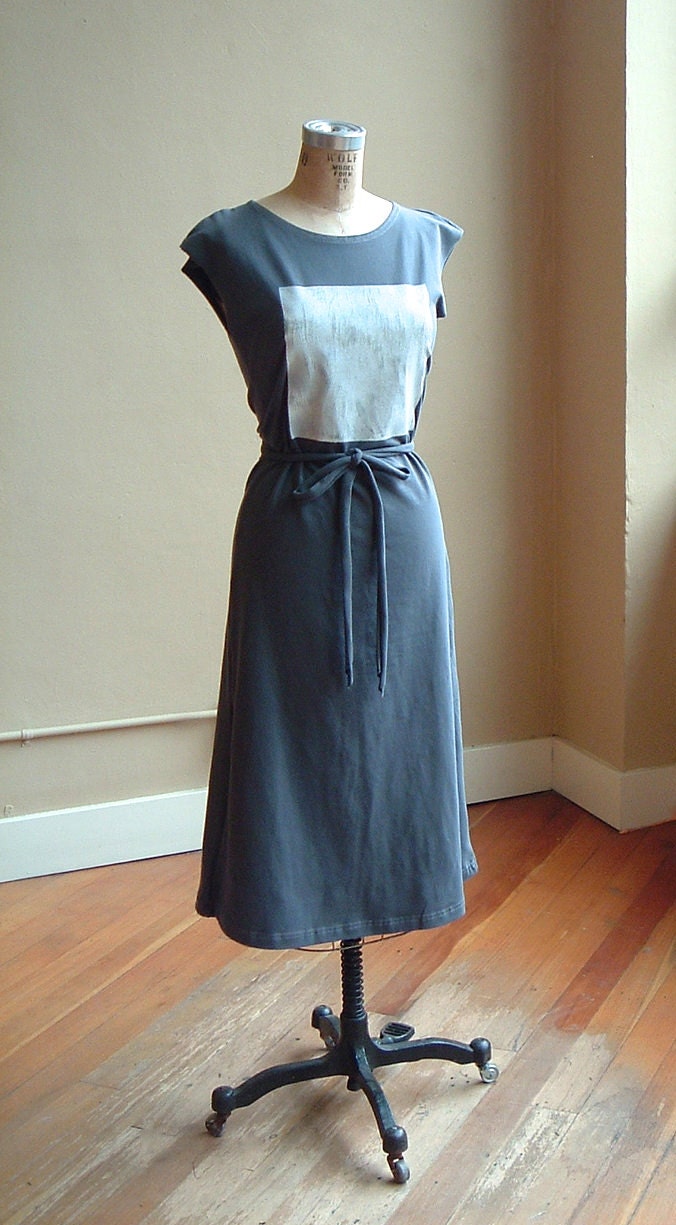 Size Extra Small- Jersey Dress Grey Cotton with white square, modern minimalist