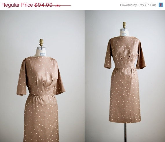 25% OFF SALE 50s dress / 1950s silk sheath dress / Cocoa Dot dress